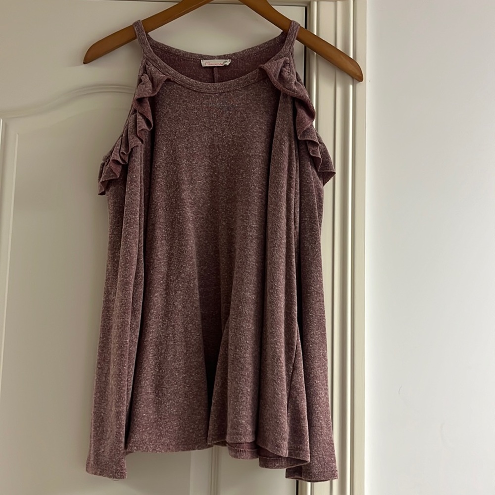 Dry Goods Heather Maroon Cold Shoulder Sweater With Ruffle Shoulders